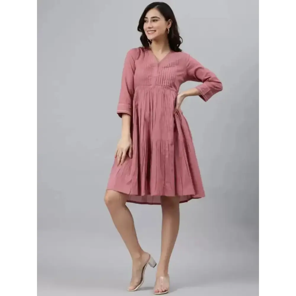 Women Cotton Fit and Flare Pink Dress