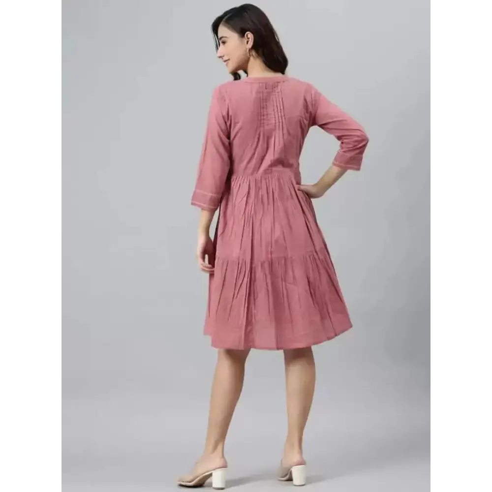 Women Cotton Fit and Flare Pink Dress