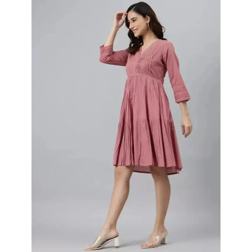 Women Cotton Fit and Flare Pink Dress