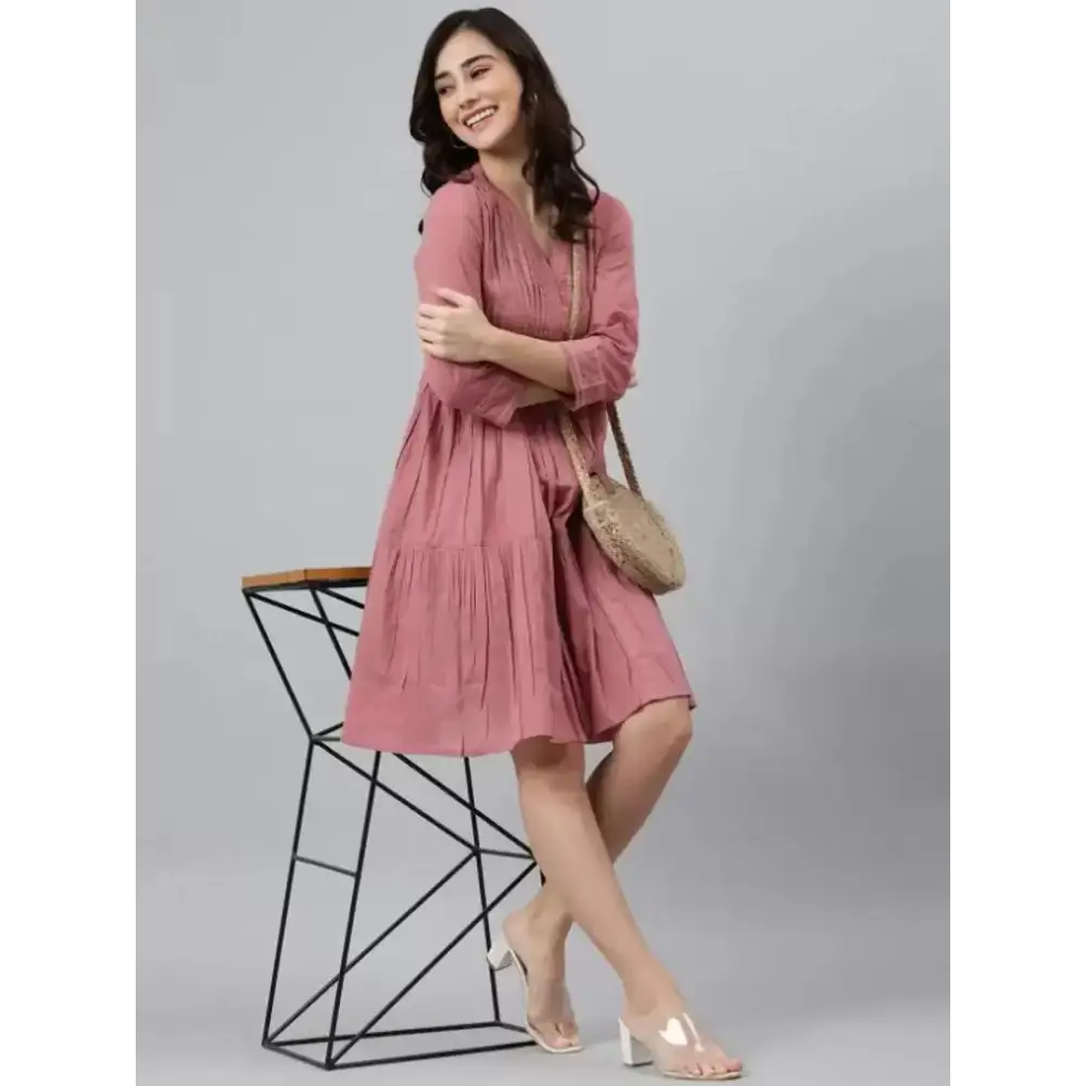 Women Cotton Fit and Flare Pink Dress