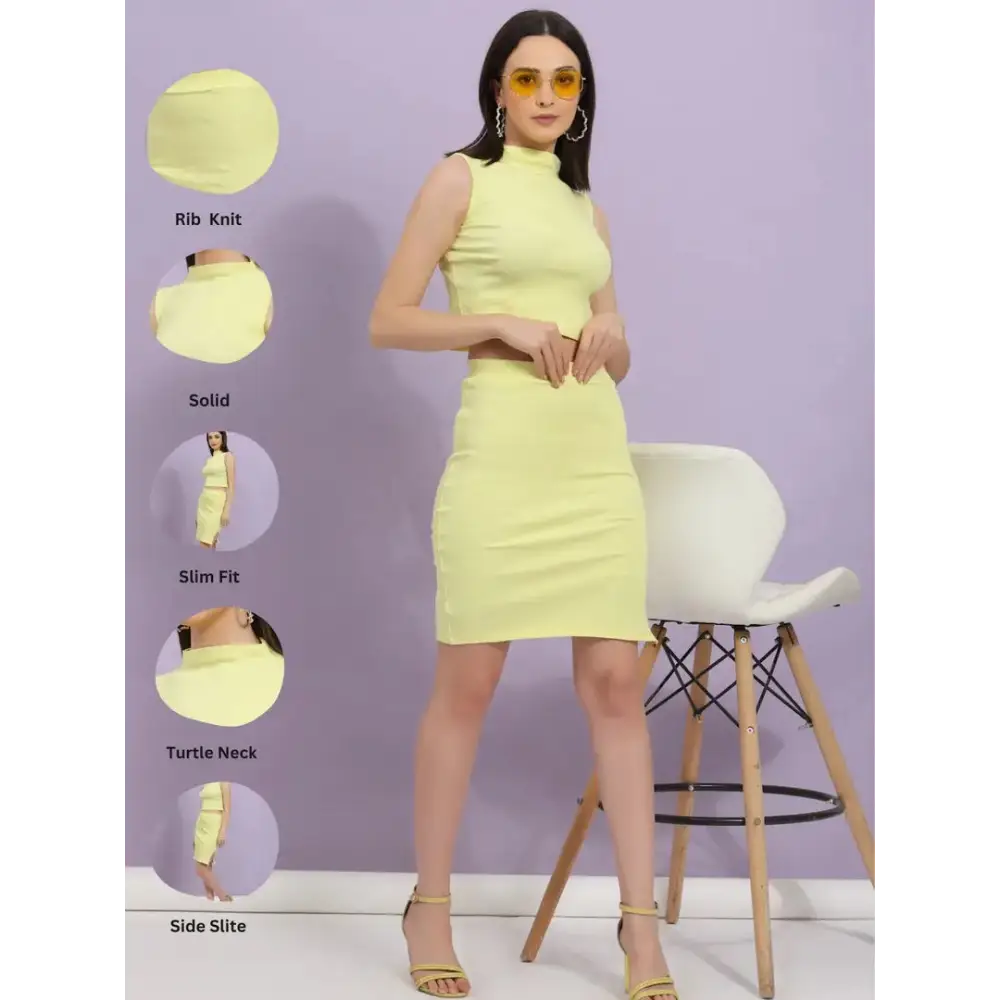 Women Light Yellow Self Textured Sleeveless Rib Top and Skirt Co-ord Set