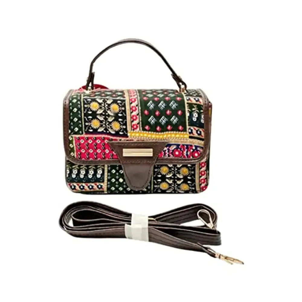 Women ikkat multicolored pu leather sling bag (Green)