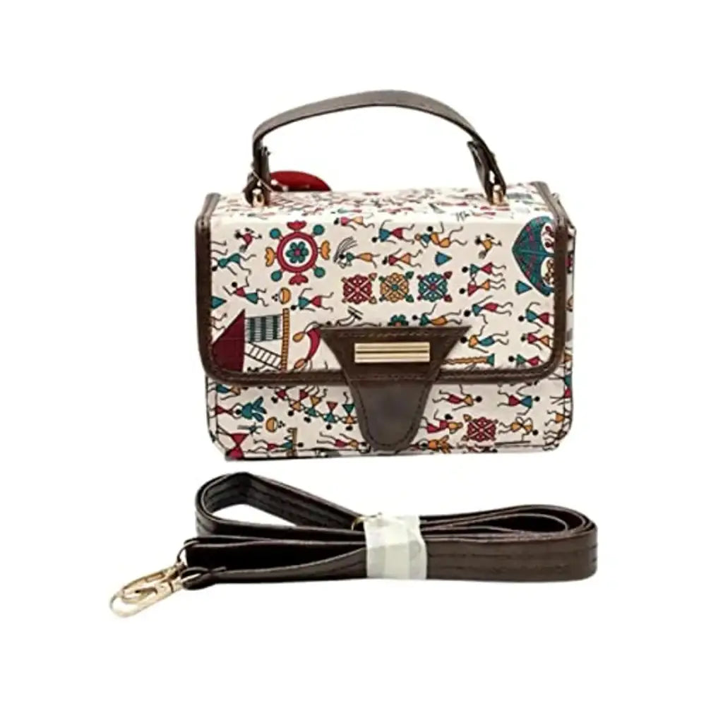 Women ikkat multicolored pu leather sling bag (White)