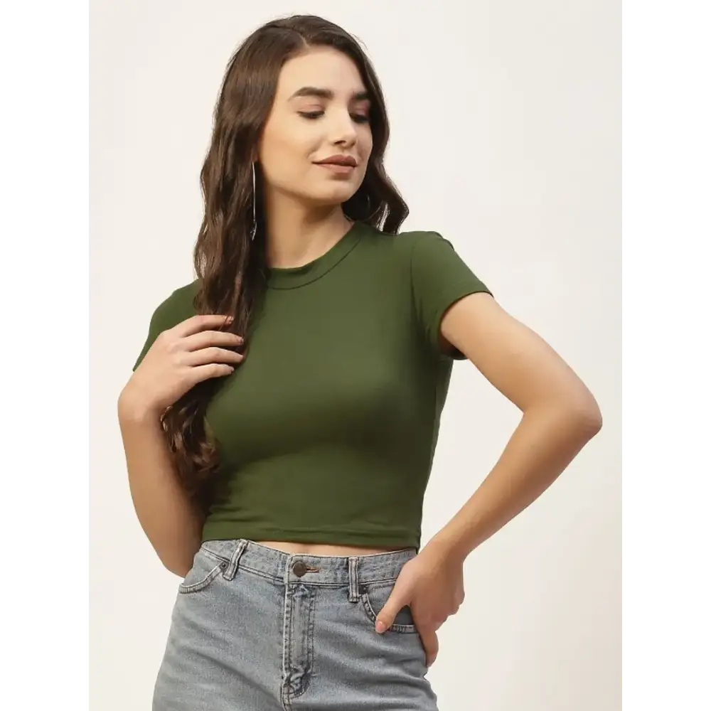 Women olive Solid soft streachable  Crop Top
