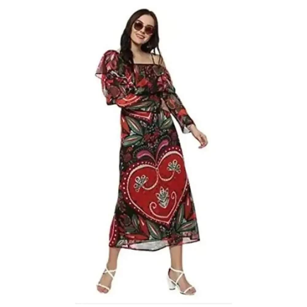 Women's Red and Black Printed Maxi Dress