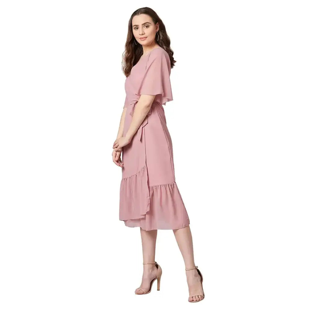 Women's Wrap Georgette Midi Dress (Peach)