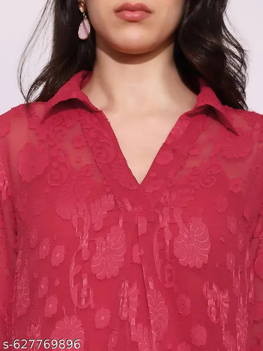Globus Women Red Collared V-Neck Long Roll-Up Sleeves Floral Self Design Casual Top