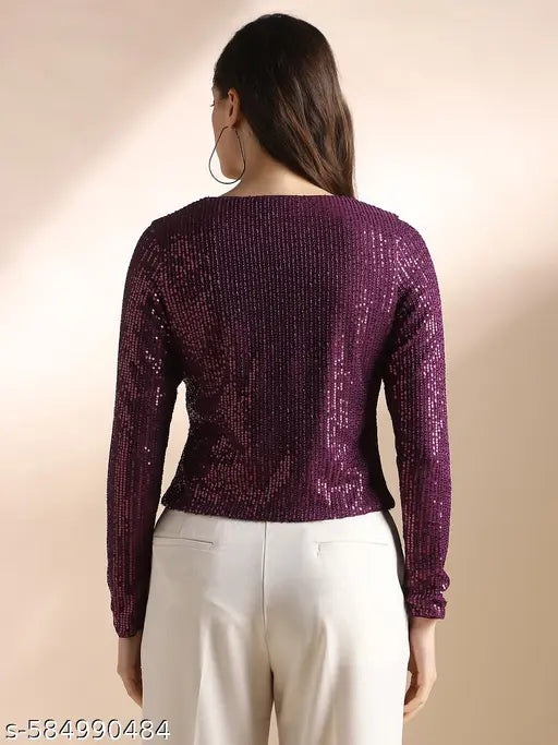 Globus Women Burgundy V-Neck Long Sleeves Sequin Embellished Party Top
