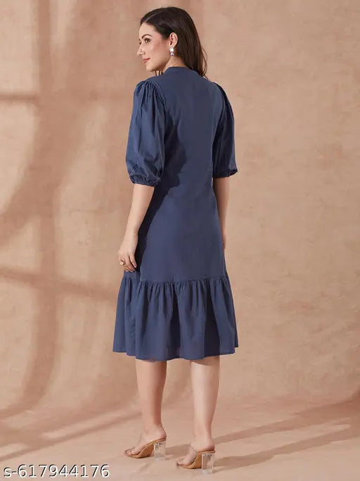 Globus Women Blue Round Neck Puff Sleeves Floral Embroidered Tiered Flared Hem Midi A-Line Dress