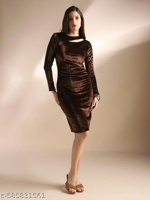Globus Women Brown Round Neck Long Sleeves Cut-Out Detail Velvet Bodycon Party Dress