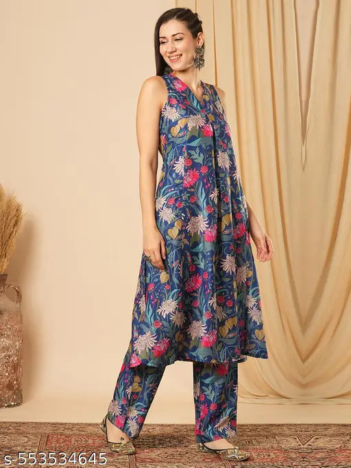 Globus Women Blue V-Neck Floral Print Inverted Pleat Panelled A-Line Kurta With Straight Pants Fusion Set