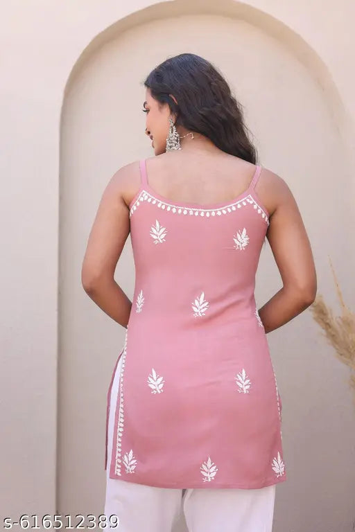 Anni Designer Women's Rayon Viscose Peach Sleeveless Kurti with Beautiful Lucknowi Floral Embroidery Work, Elegant Ethnic Top for Festive, Casual & Daily Wear, Stylish Designer Kurta for Women and Girls