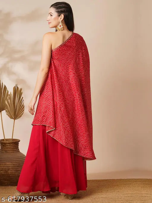Globus Women Red Bandhani Printed Embroidered One Shoulder Tunic & Georgette Elasticated Floor Length Skirt Fusion Co-Ord Set