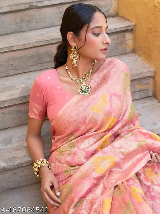 Janasya Women's Light Pink Chanderi Silk Ethnic Motifs Saree with Unstitched Blouse Piece