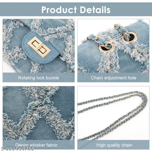 Trendy Blue Denim Small Shoulder Bag for Women Fashion Crossbody Chain Bag with Metal Interlock Closure Casual Phone Purse