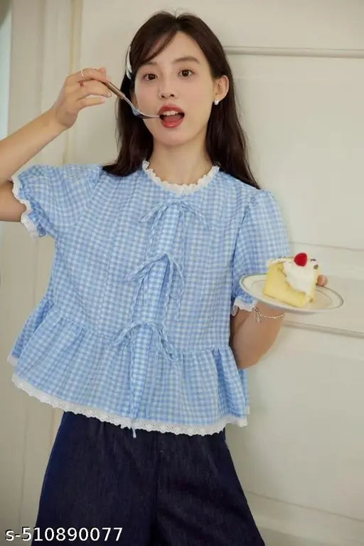 Trendy Women's Summer Plaid Shirt Bow Tie Front Cute Puff Sleeve Peplum Ruffle Babydoll Blouse Lace Up Summer Going Out