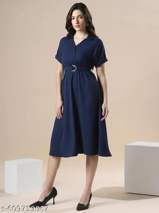 Globus Women Navy V-Neck Extended Sleeve Belted Detail Fit & Flare Work Wear Midi Dress