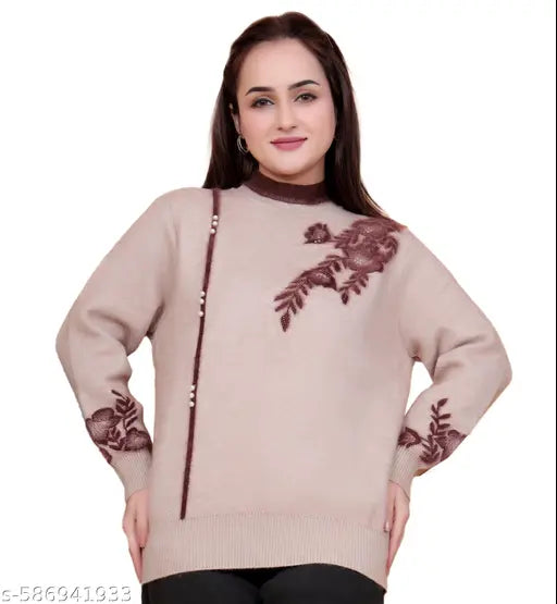 KRITI Stylish Embroidery Woollen Top Beige Color For Women