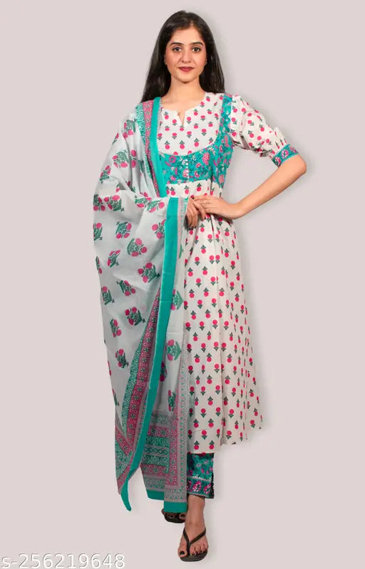 Indian Ethnic white blue Kurta Using  jacket Pattern design with Pant & Dupatta,  Readymade Casual Wear & Party Wear Kurta pant with Dupatta Stitched For Womens in cotton