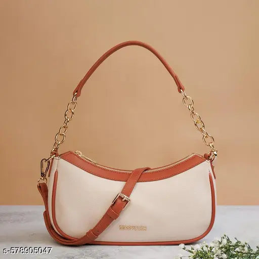 Berrylush Women Solid Beige Synthetic Leather Chain Detail Two Detachable Strap Shoulder & Sling Bag