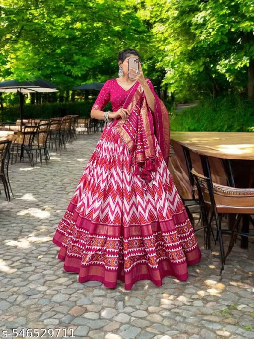 This Tussar Silk Printed Lehenga Choli: Effortless Glamour and Sophistication