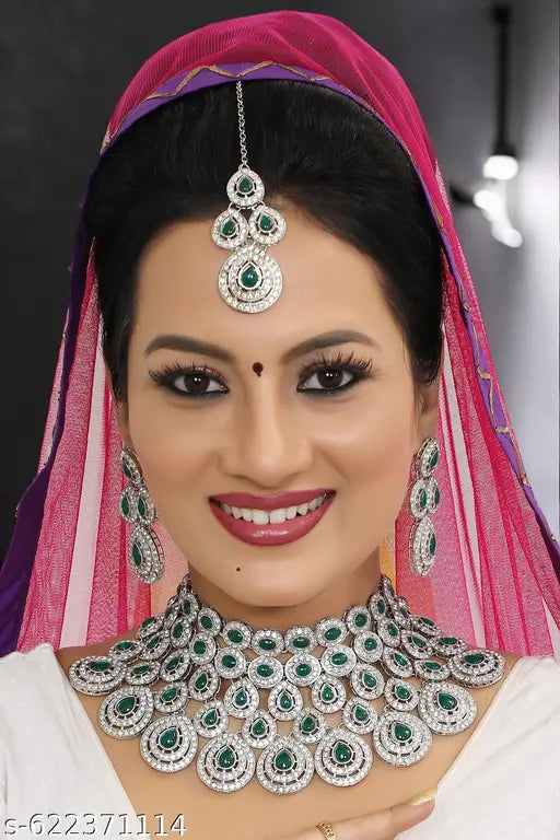 Green Rhodium-Plated Alloy Necklace Set for All Occasions