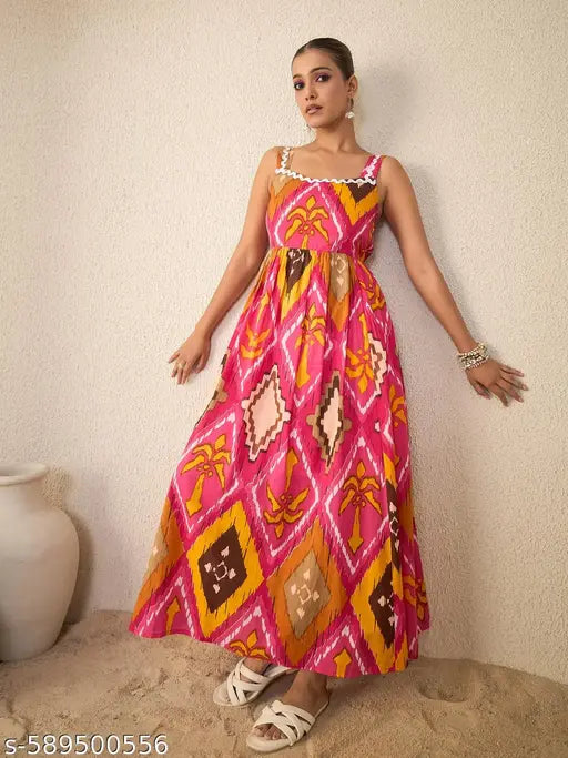 Women Pink Geometric Print Cotton Flared Strappy Dress