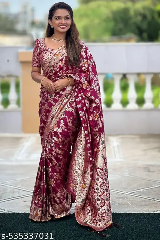 ROOP LAVANYA Wine Kanjeevaram Pure Soft Silk Saree With Unstiched Blouse Piece