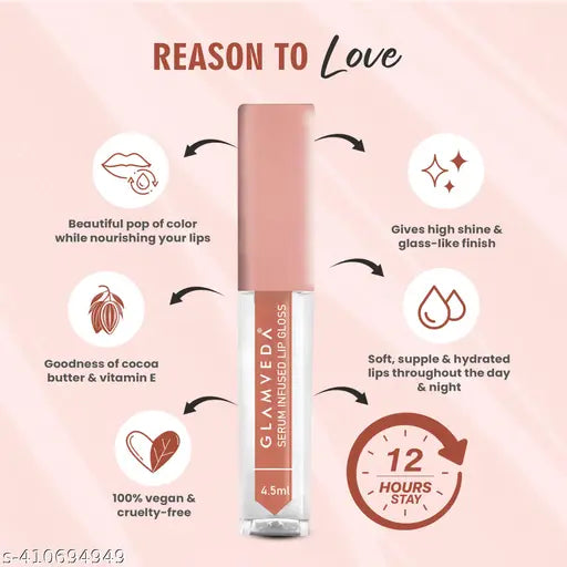 Glamveda High Shine Serum Infused Lip Gloss | Paradise - 119 ( Coral Shade ) For Soft & Dewy Lips, Glossy Finish, Non-sticky & Moisturizing | 4.5ml