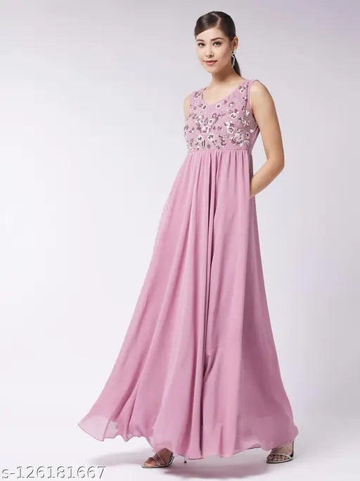 Miss Chase Women's Embellished Round Neck Pink Dresses