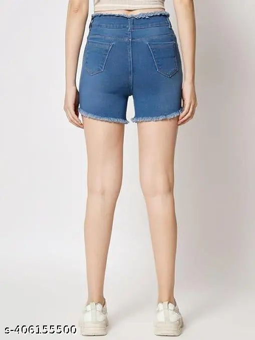 Women High Waist cotton blend (Blast look) regular fit washed Denim fur shorts