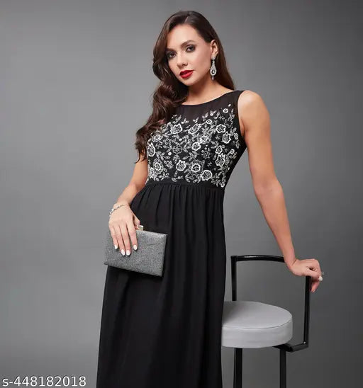 Miss Chase Women's Black Boat Neck Sleeveless Solid Embellished Maxi Dress