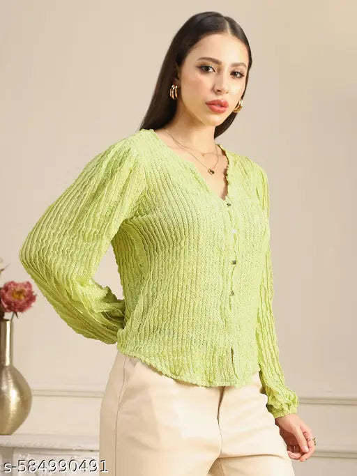 Globus Women Green V-Neck Bishop Sleeves Self Design Lace Shirt Style Top
