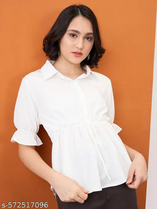 Globus Women White Shirt Collar Puff Sleeves Solid Waist Tie-Up Workwear Peplum Top