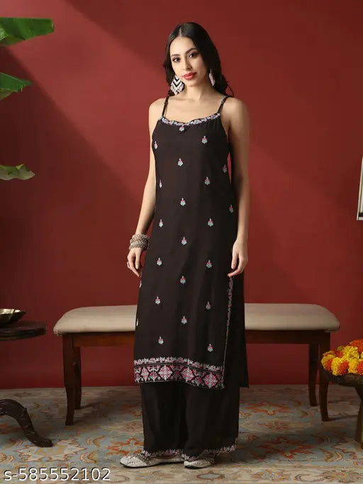 Globus Women Black Round Neck Strappy Shoulder Floral Embroiered Straight Kurta With Wide Leg Pants Festive Set