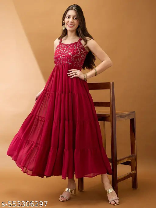 Globus Women Neck Strappy Shoulder Floral Embroidered Tiered Maxi Fit & Flare Festive Dress