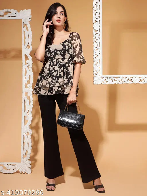 Latest Stylish Printed Peplum Top with Elbow Sleeve and Back Smocking