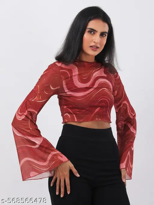 Women Abstract Printed Rust Round Neck Flared Sleeves Net Fitted Crop Top