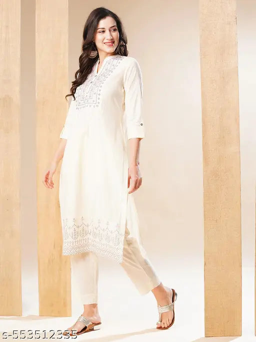 Globus Women Off-White Embroidered Yoke Straight Kurta & Pant Set