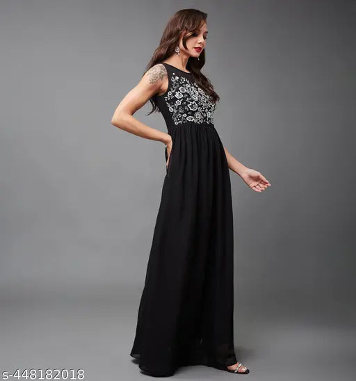 Miss Chase Women's Black Boat Neck Sleeveless Solid Embellished Maxi Dress