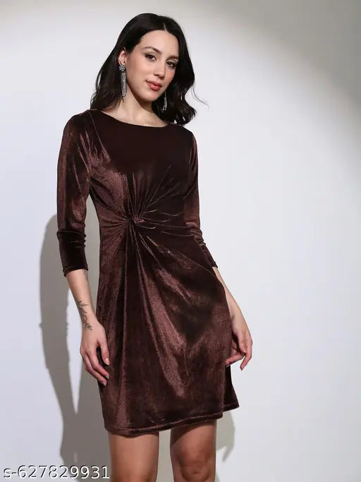 Globus Women Brown Boat Neck Twisted Detail Velvet Sheath Mini Party Dress