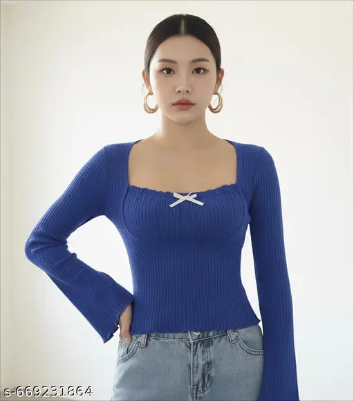 Quintessentials Blue Ribbed Long Sleeve Top with Bow Detail