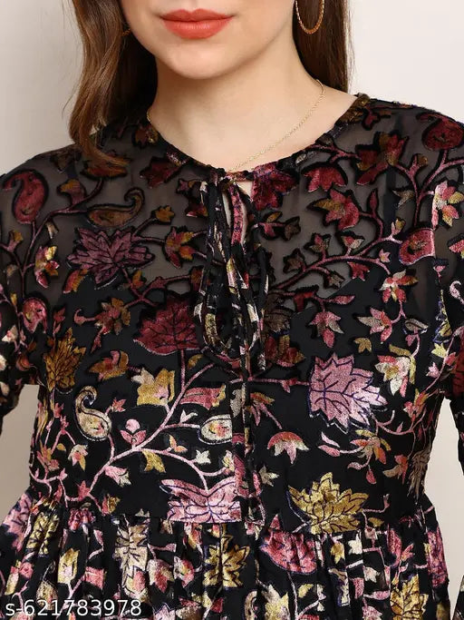 Globus Women Black Floral Self Design Tie-Up Neck Bishop Sleeves Peplum Party Top