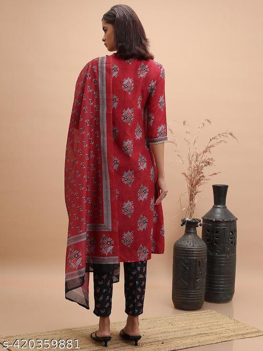 Ketch Women Red Printed Kurta With Trouser & Dupatta