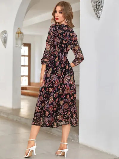 Stylish Black Georgette Printed Fit And Flare Dress For Women