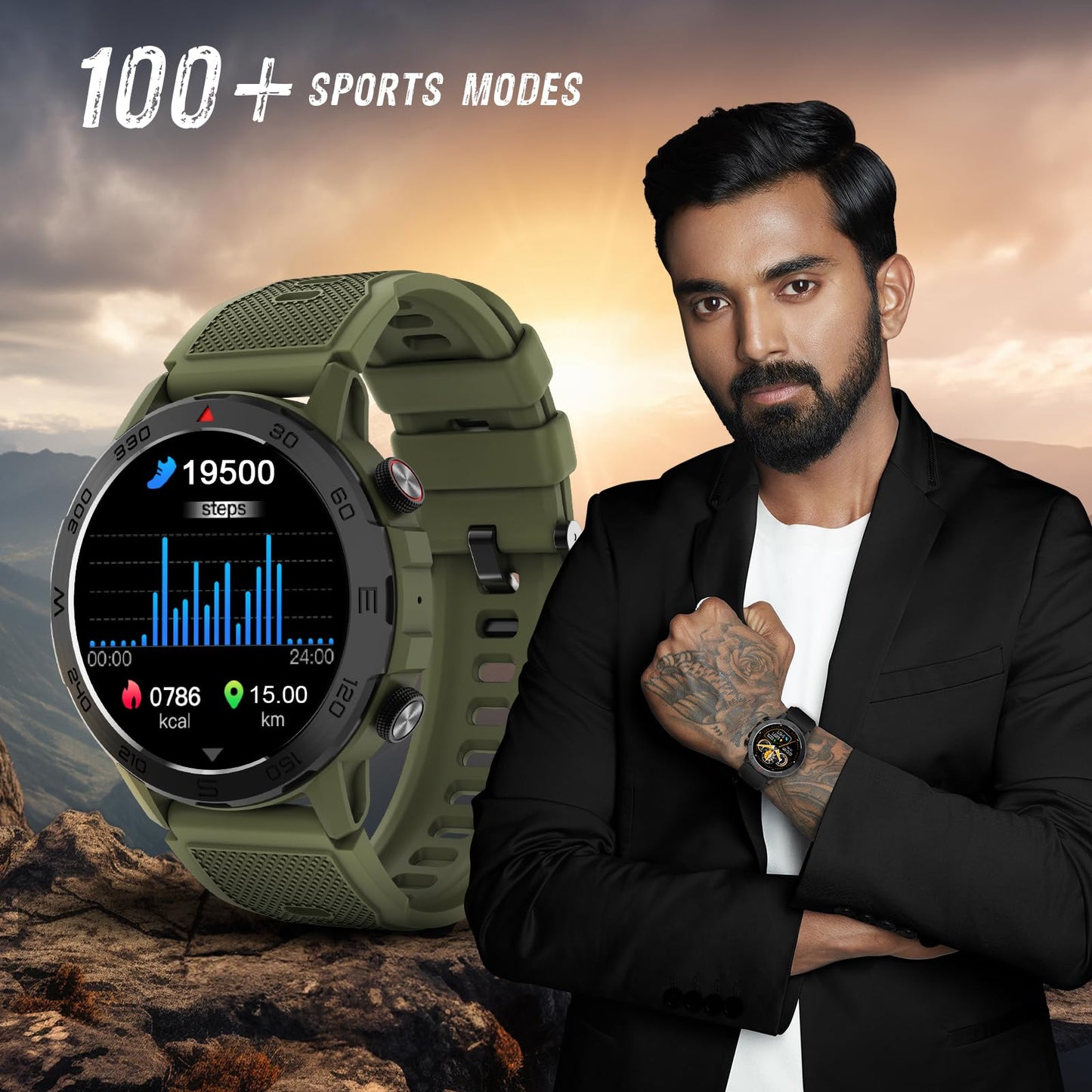 beatXP Duke Rugged 1.43” Round Super AMOLED Bluetooth Calling Smart Watch, Functional Crown, 466*466px, 60Hz refresh rate, AI Voice Assistance, 100+ Sports Modes, 24/7 Health Monitoring (Army Green) 