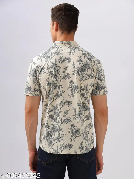 BULLMER Cream Trendy Regular Fit Printed Causal Plus Size Half sleeve Plus Size Shirt For Men | Men’s Shirts in Plus Sizes only