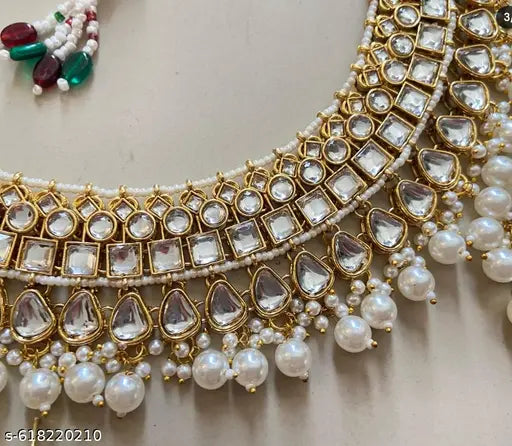 Royal Gold White Pearl Kundan Bridal Choker Necklace Set for Women & Girls | Wedding Jewellery Set with Earrings & Maang Tikka