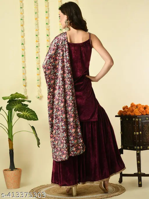 Myshka Women Plain Kurti with Sharara & Dupatta in Purple Color