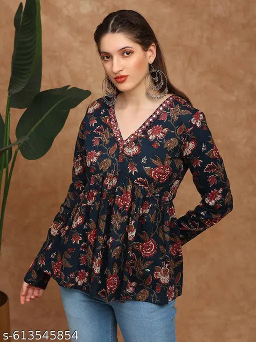 Globus Women Blue Embroidered & Mirror Work Detail V-Neck Long Sleeves Floral Print A-line Alia Cut Tunic